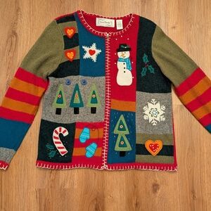 Vintage 90s Red Wool Patchwork Christmas Cardigan Ugly Sweater Cabincore Size M